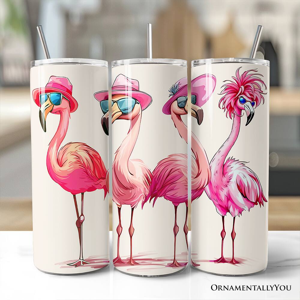 Back. OrnamentallyYou - Stylish Summer Flamingo 20oz Tumbler With Lid and Stainless Steel Straw - Multicolored.
