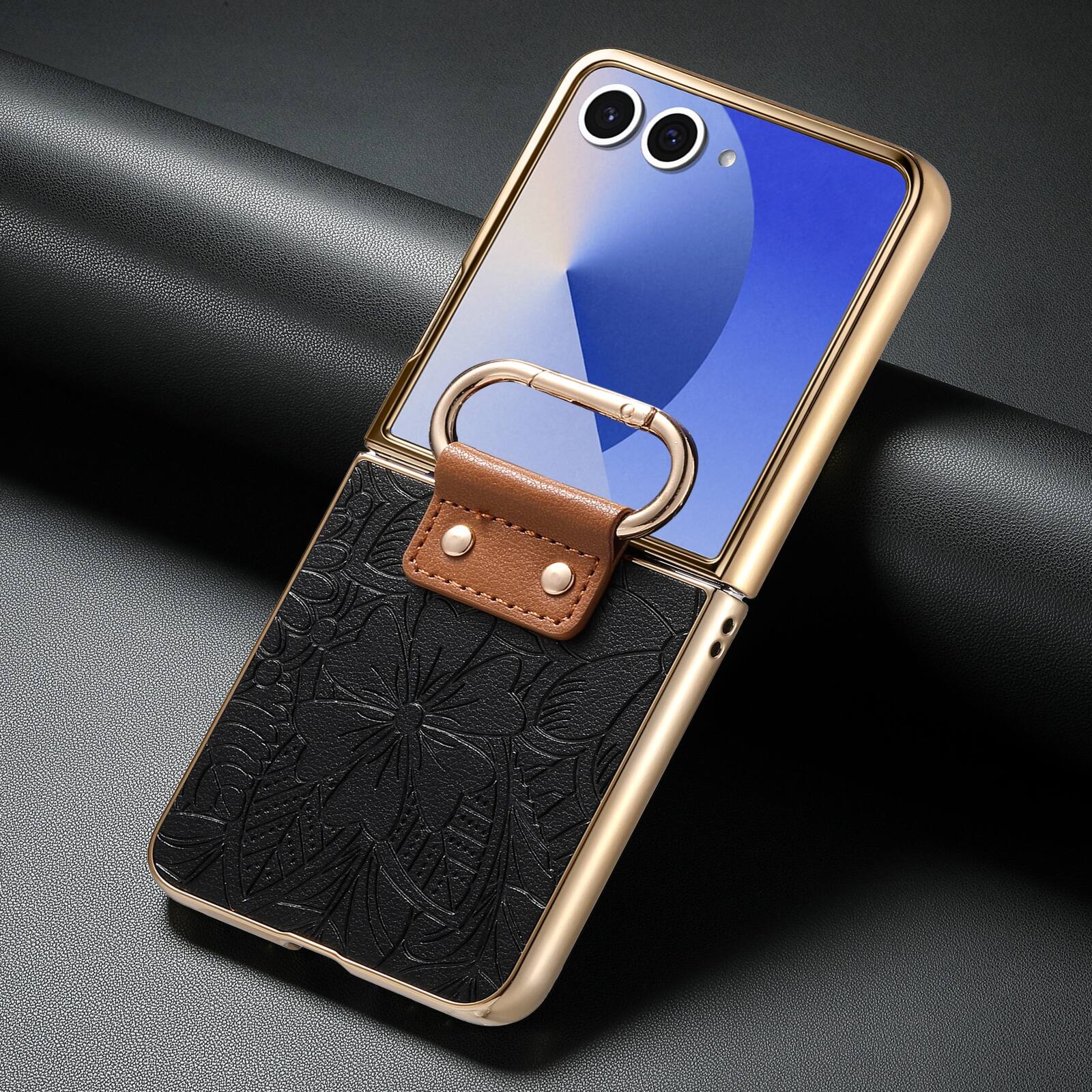 Alt View 4. Dteck - Shockproof Floral Leather Texture Case for Samsung Galaxy Z Flip8, Electroplated Rigid Plastic Cover with Ring Holder - Black.
