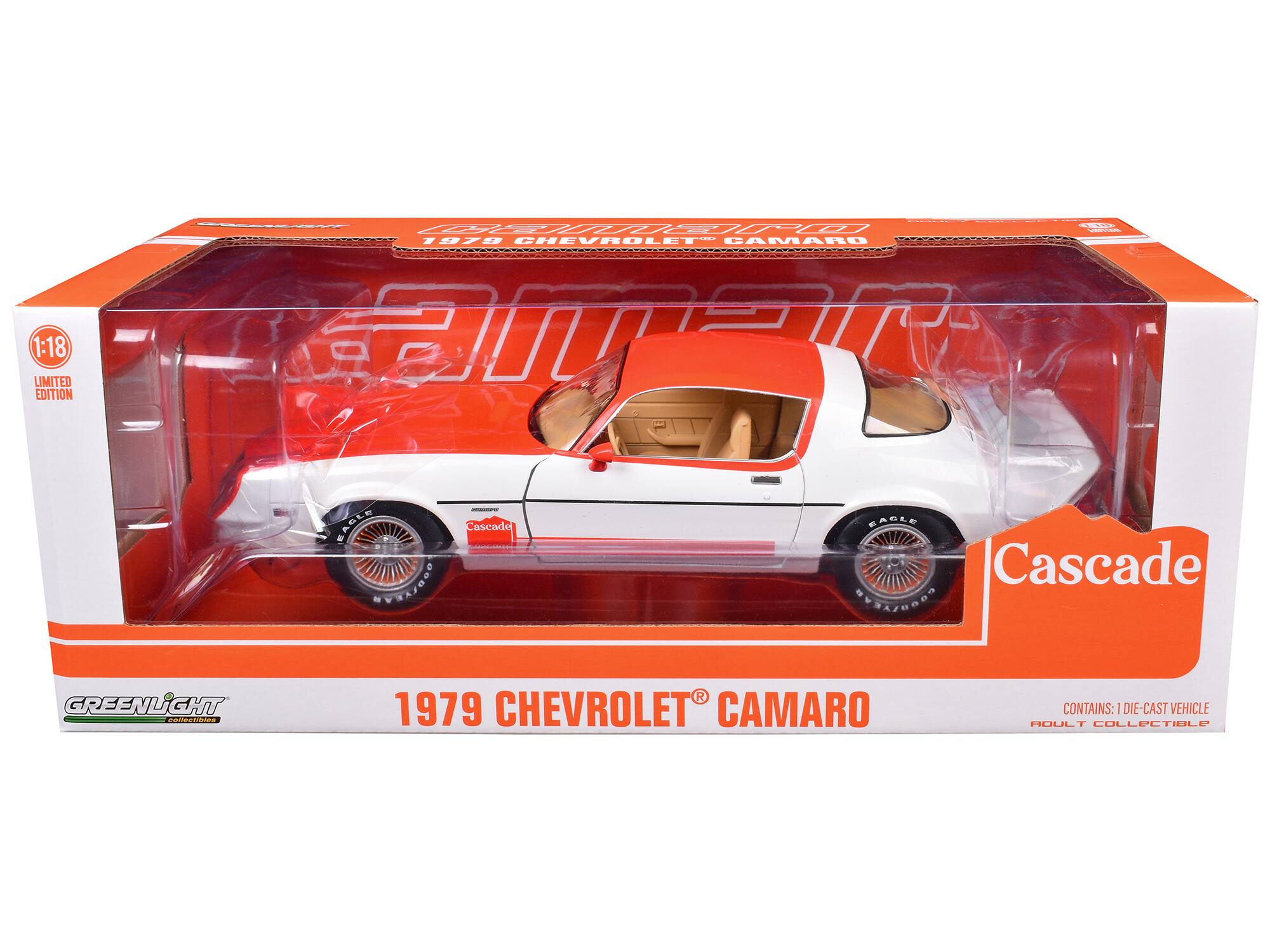 1:18 LIMITED EDITION  
1872 CHEVROLET CAMARO  
CASCADE  
GREENLIGHT  
1979 CHEVROLET CAMARO  
CONTAINS: 1 DIE-CAST VEHICLE  
ADULT COLLECTIBLE