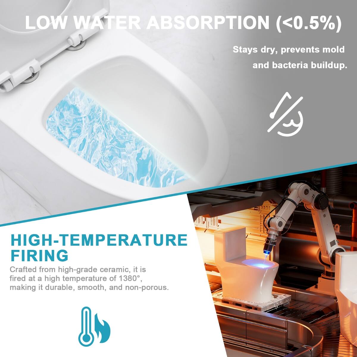 LOW WATER ABSORPTION (<0.5%)  
Stays dry, prevents mold and bacteria buildup.

HIGH-TEMPERATURE FIRING  
Crafted from high-grade ceramic, it is fired at a high temperature of 1380°, making it durable, smooth, and non-porous.