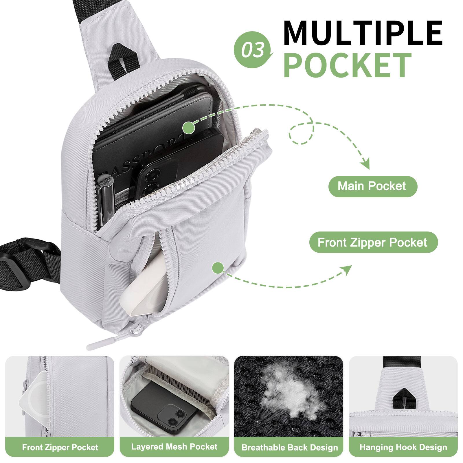MULTIPLE POCKET

03

Main Pocket  
Front Zipper Pocket  
Layered Mesh Pocket  
Breathable Back Design  
Hanging Hook Design