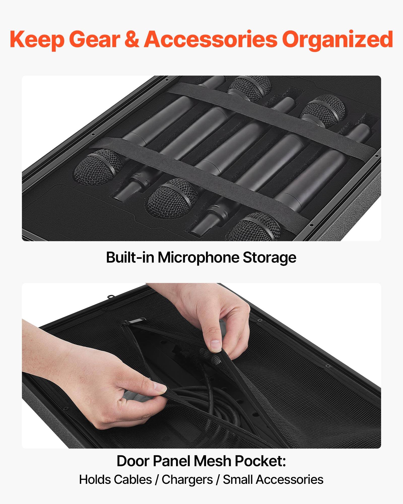 Keep Gear & Accessories Organized

Built-in Microphone Storage

Door Panel Mesh Pocket:
Holds Cables / Chargers / Small Accessories