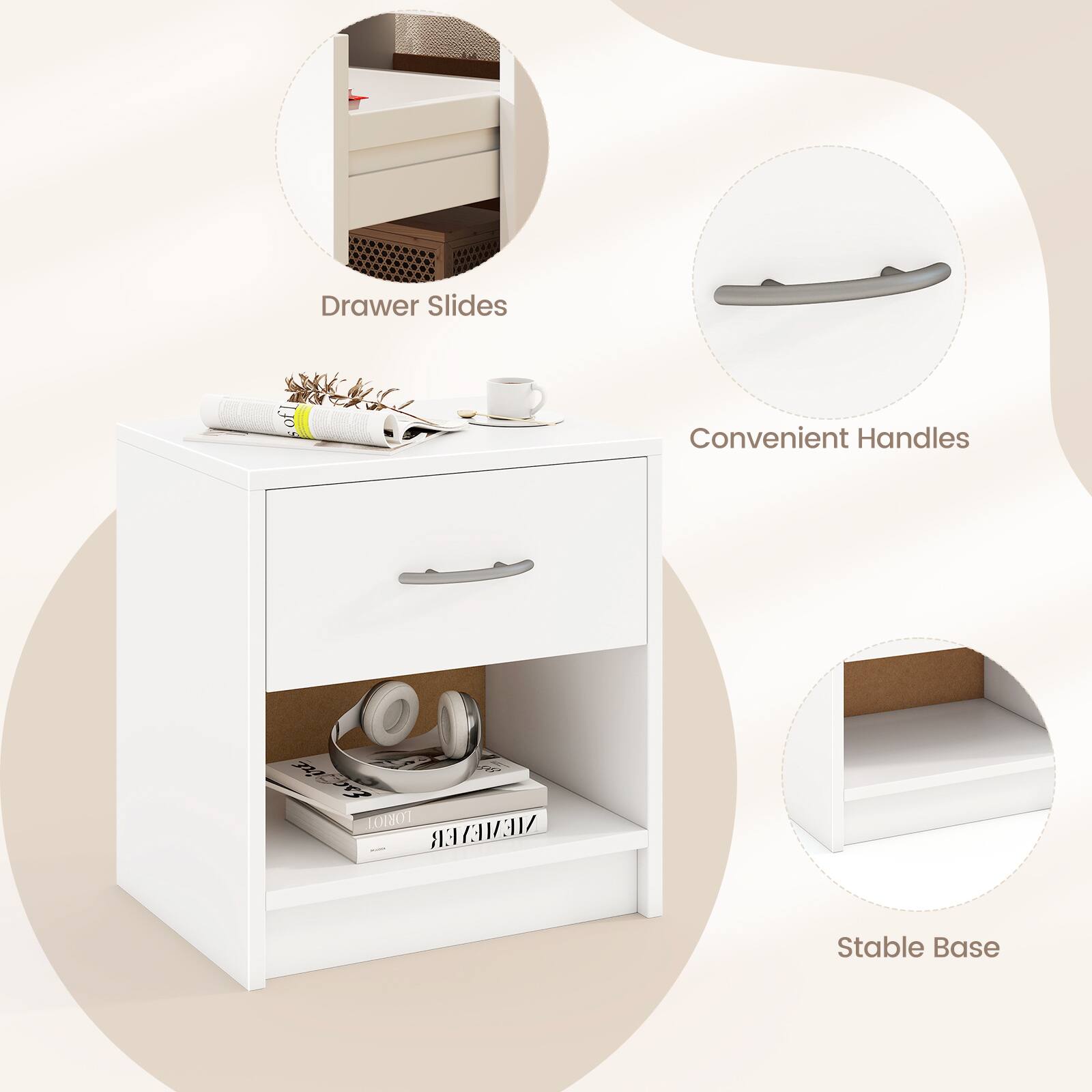 Drawer Slides, Convenient Handles, Stable Base