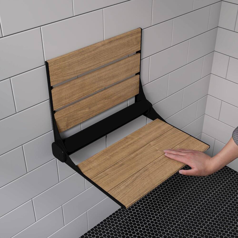 Angle. Alfi - Black Matte 17" Wide Foldable Teak Shower Seat with Backrest - Brown.