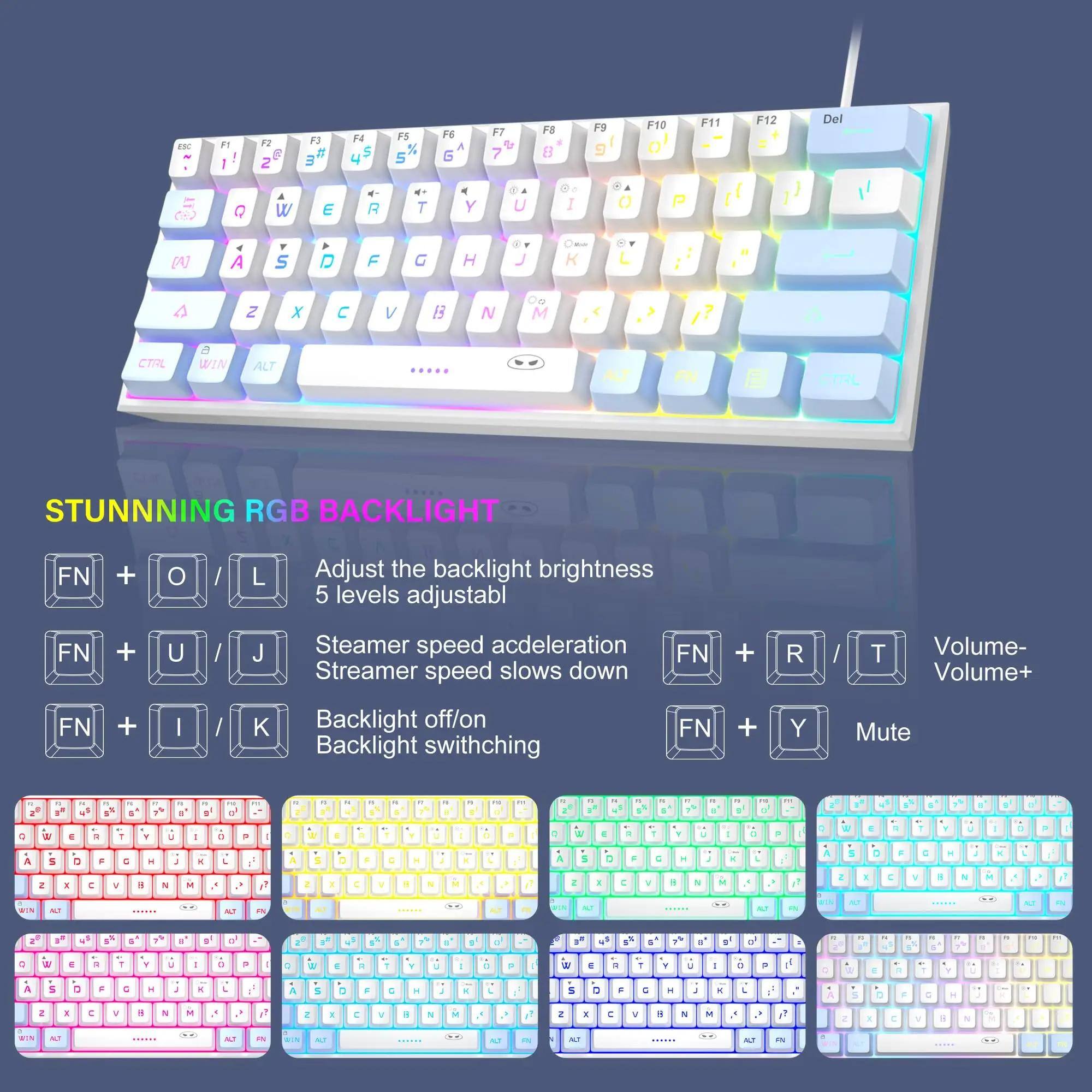ESC  
F1 |  
F2 2  
F3 3  
F4  
F5 % 5  
F6  
F7 7  
F8 8  
F9 9  
F10  
F11  
F12  
Del  

Q  
A W  
E  
R  
T  
Y  
U  
I  
()  
P  
[A]  
A  
S  
D  
F  
G  
H  
J  

4  
2  
X  

V  
13  
N  
Oo M  
CTRL  
a WIN  
ALT  

STUNNING RGB BACKLIGHT  

FN + O / L  
Adjust the backlight brightness 5 levels adjustable  

FN + U / J  
Streamer speed acceleration Streamer speed slows down  

FN + I / K  
Backlight off/on Backlight switching  

FN + R / T  
Volume- Volume+  

FN + Y  
Mute  

4  
It  

BY  
the  
F11  
W  
C  
R  
N  
U  
0  
P  
E  
#  
S  
0  
3  
G  
S  
0  
J  
0  
M  
6  
A  
D  
C  
2  
I  
B  
N  
M  
2  
