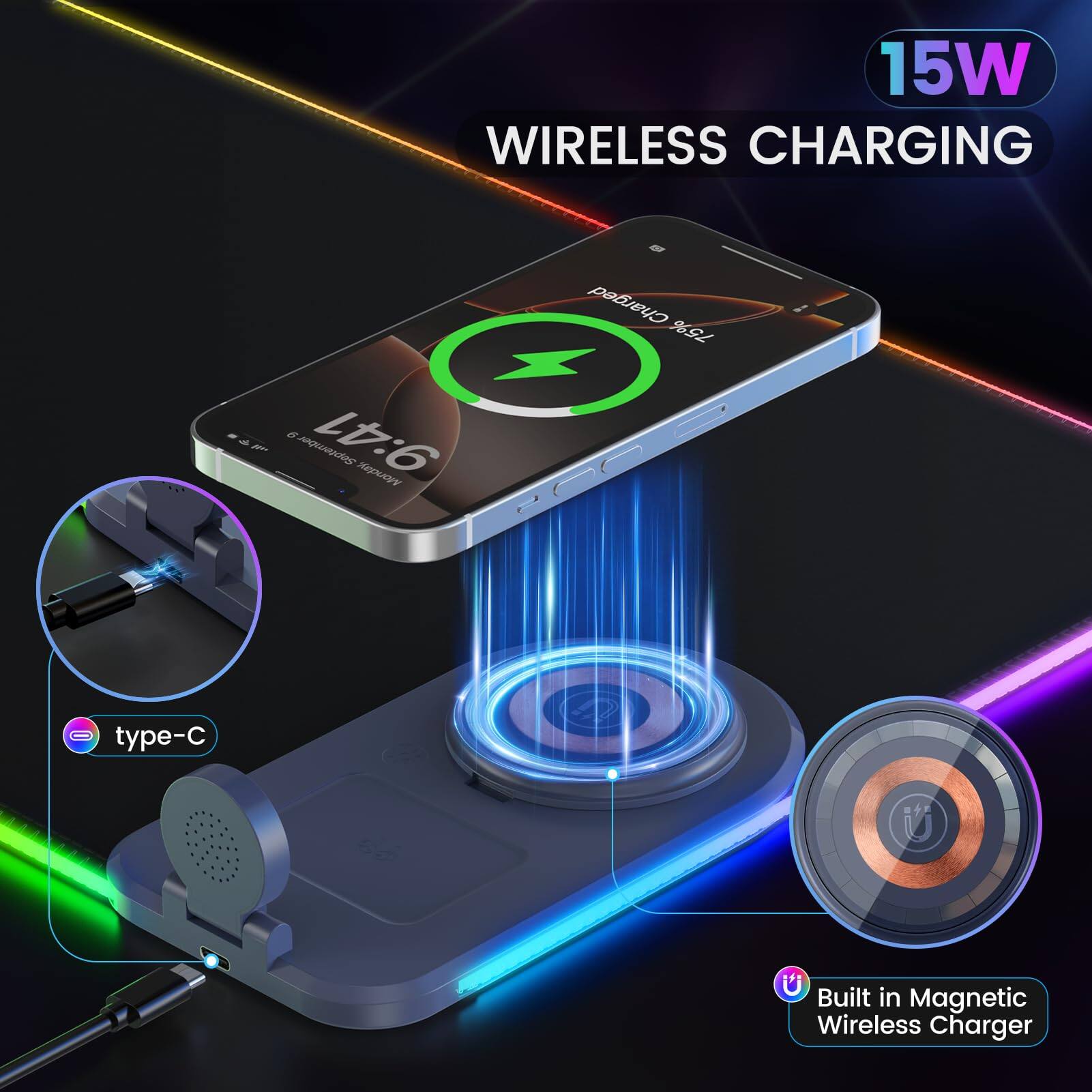 15W Wireless Charging

- Built-in Magnetic Wireless Charger
- Type-C
- 15W Wireless Charging