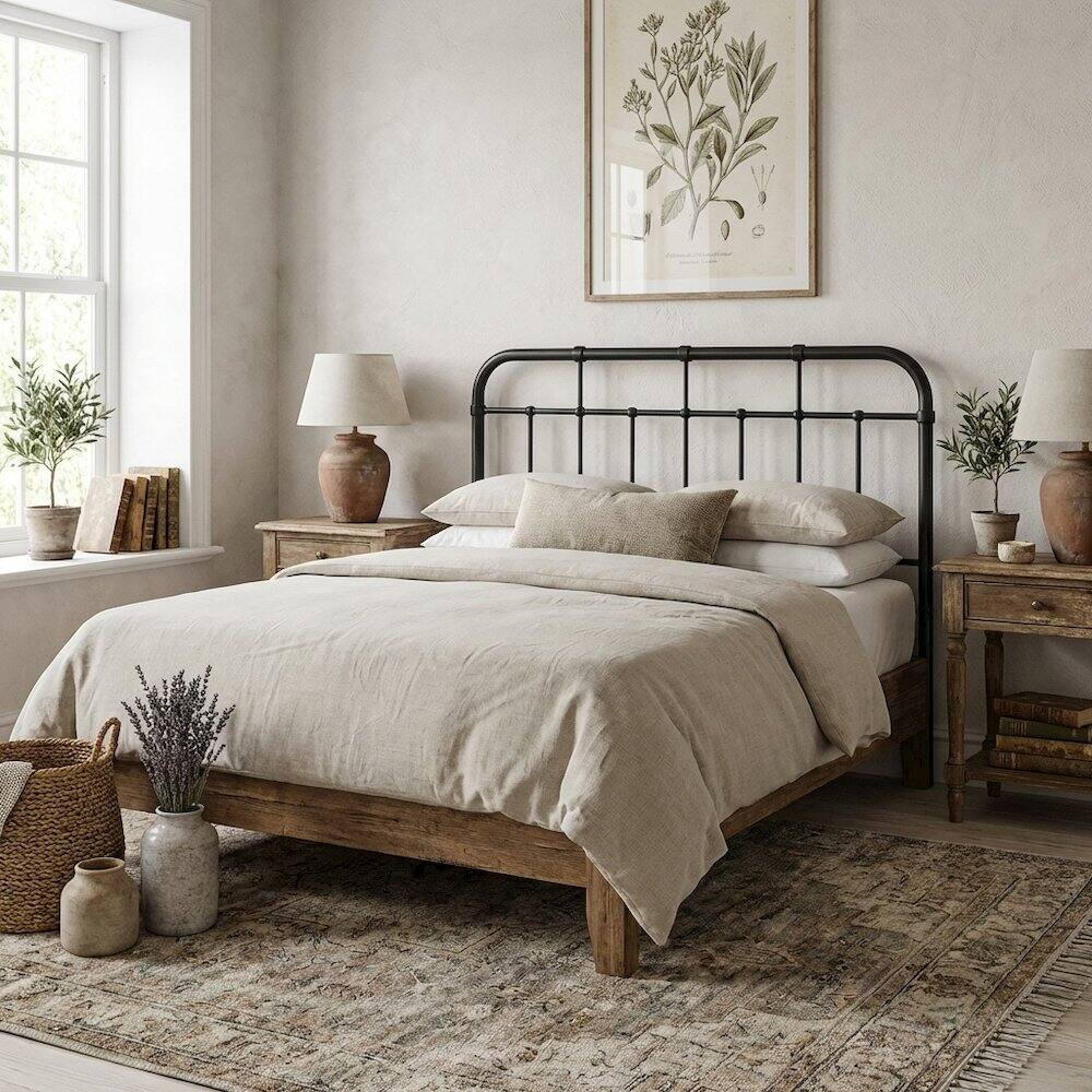 Angle. FurniFact - Metal King Headboard with Sleek Design and Durable Construction for Bedroom - Black.