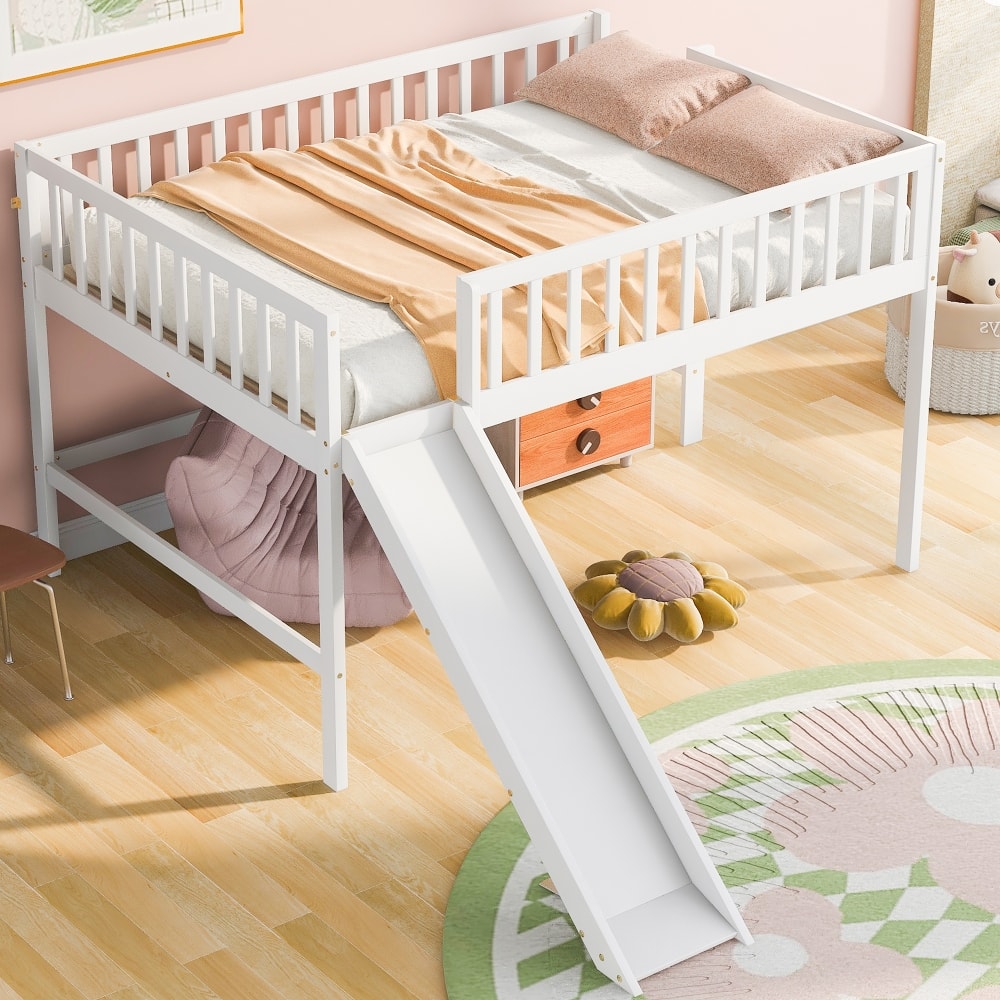 Loheer - Full Size Low Loft Bed with Slide and Ladder - White price history on PriceWatchPro