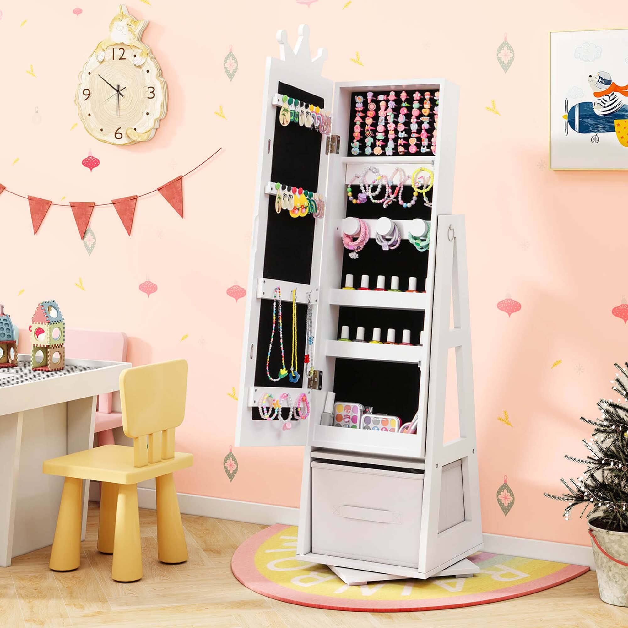 Alt View 1. Costway - Costway Kids Jewelry Cabinet with Full-Length Mirror Foldable Drawer Anti-toppling System - White.