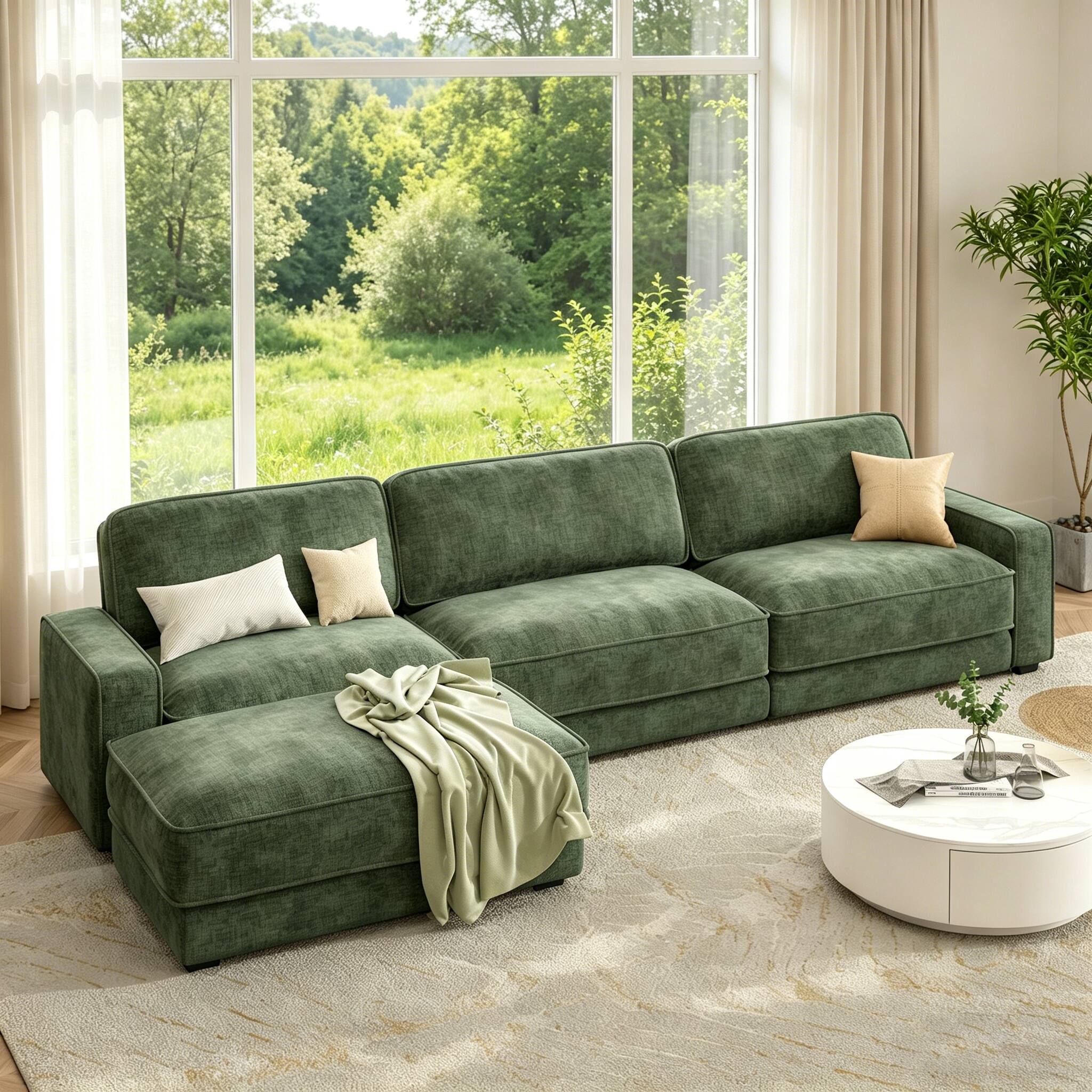 Dyonery - 119" L Shaped Couch Modular Sectional Sleeper Sofa, CHENILLE Fabric, , Tool-Free Assembly,Green - Green