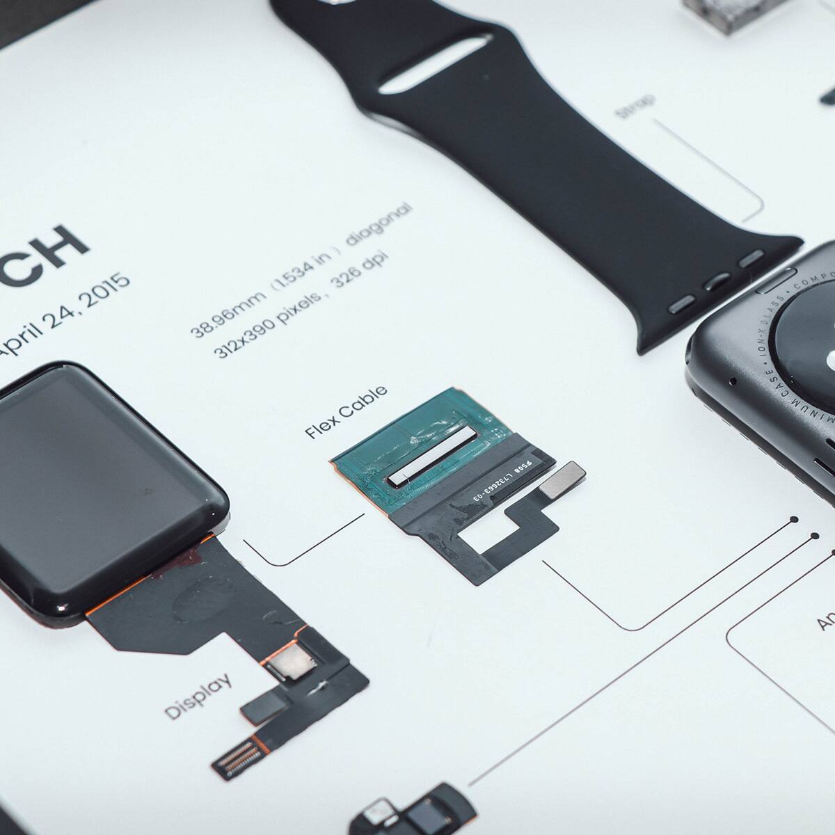 Sure, here is the corrected and grouped text from the image:

---

**CH**  
April 24, 2015  

38.96mm (1534 in) diagonal  
312x390 pixels, 326 dpi  

**Flex Cable**  
SC ES COMPO IONOTOLASS ON-X SY NIA CASE WANIH  

**Display**  

---

This text appears to be part of a technical diagram or documentation for a device, likely a smartwatch or similar gadget.