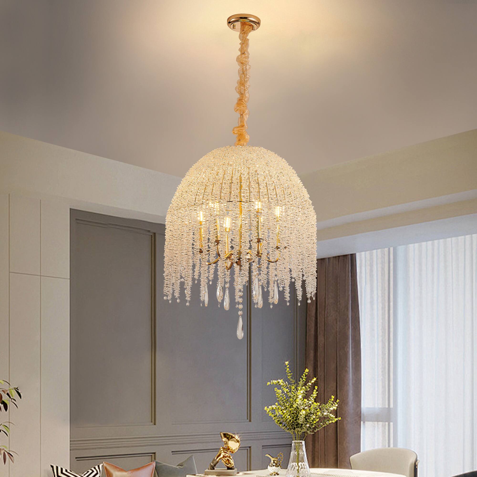 Tiramisubest - 20 Inch 6-Light K9 Crystal Chandelier,Elegant Waterfall Design with Cascading Crystal Bead Strings, Finish(No Bulbs) - Gold