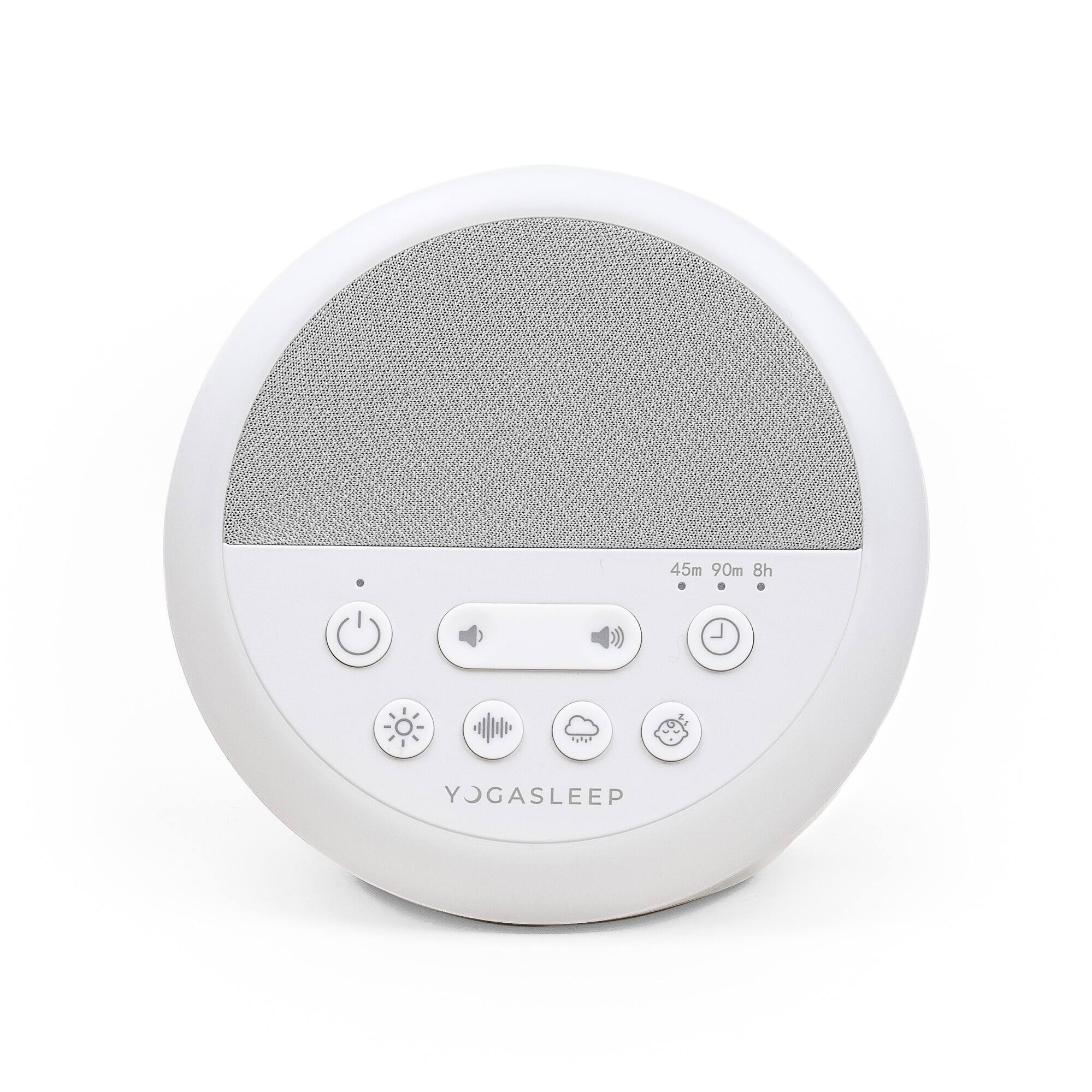 The text on the image reads "45m 90m 8h YOGASLEEP." This suggests that the device is designed to help users achieve better sleep by providing various sleep settings, such as 45 minutes, 90 minutes, and 8 hours of sleep. The device is likely a white speaker or alarm clock that can be used to set alarms or play soothing sounds to help users fall asleep and improve their overall sleep quality.