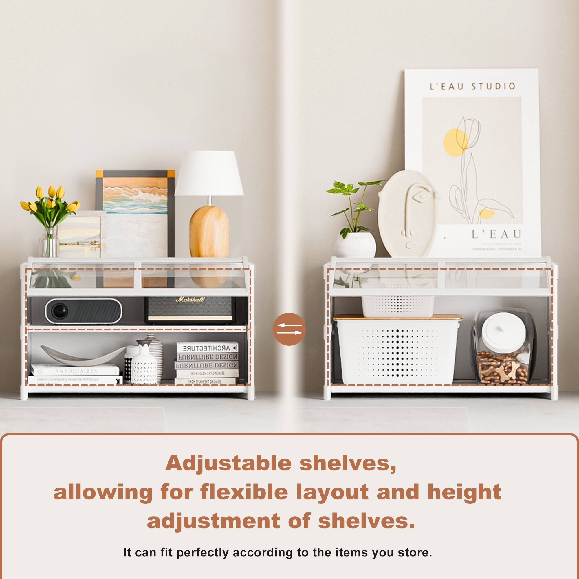 L'EAU STUDIO  
- - -  
CHATSTAL NTIQUAIL FHOEL AIRES  
Sertemaores  
- - -  
ARCHITECTURE FURNITURE NOB:O FURNITURE 1 NDISO  
- - -  
Adjustable shelves, allowing for flexible layout and height adjustment of shelves.  
It can fit perfectly according to the items you store.