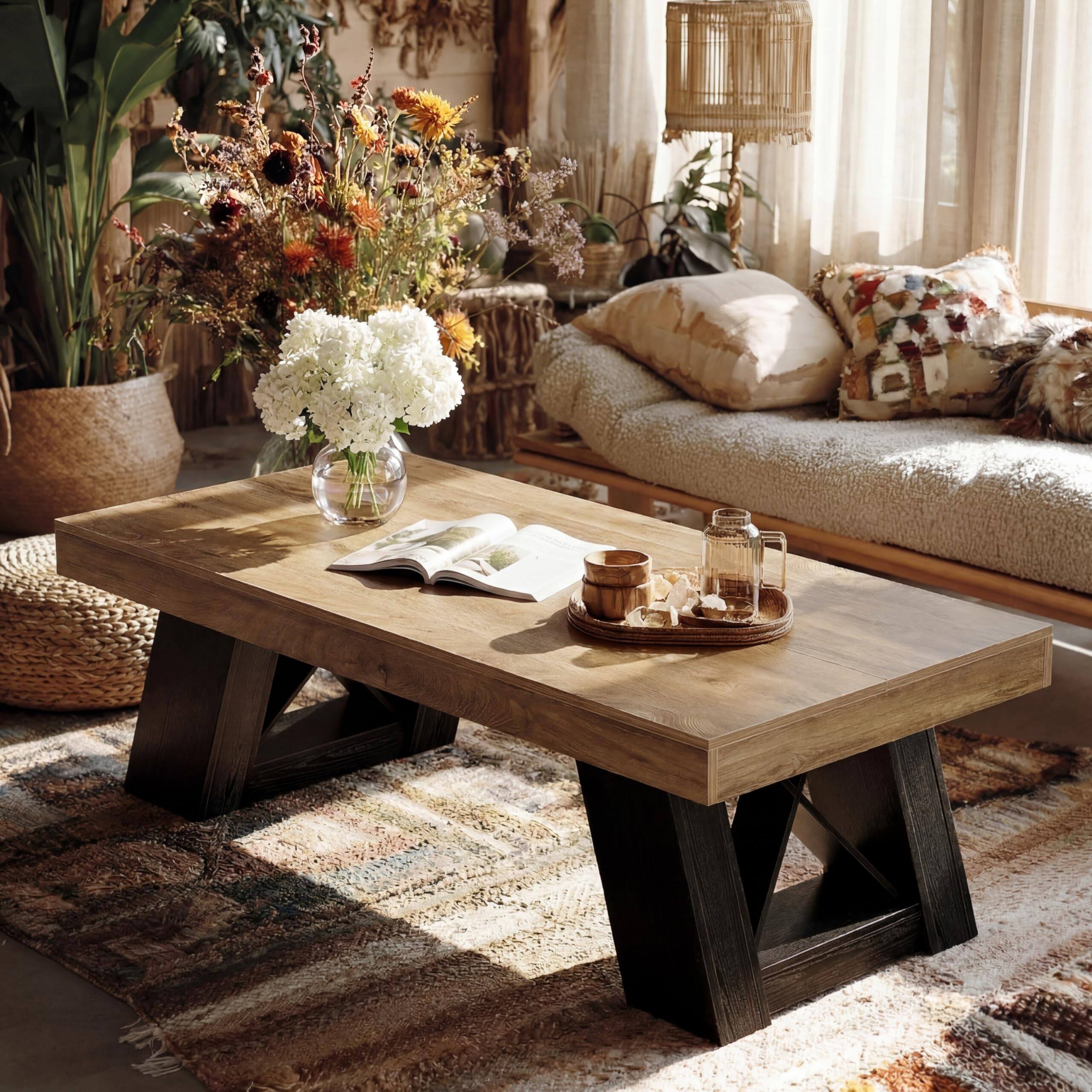 Alt View 2. Tribesigns - 55" Extra Large Rectangle Coffee Table for Living Room - Rustic Brown & Black.