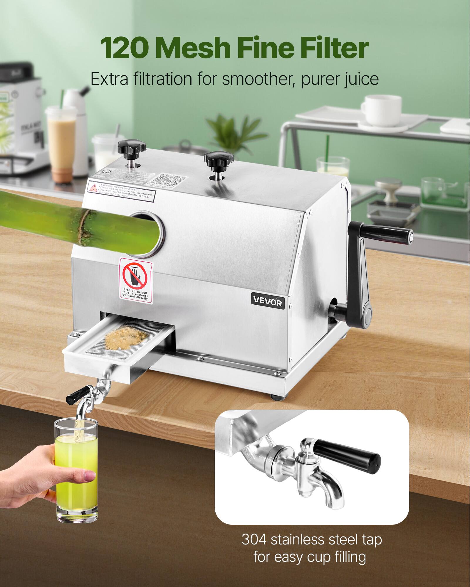 120 Mesh Fine Filter  
Extra filtration for smoother, purer juice  

304 stainless steel tap for easy cup filling