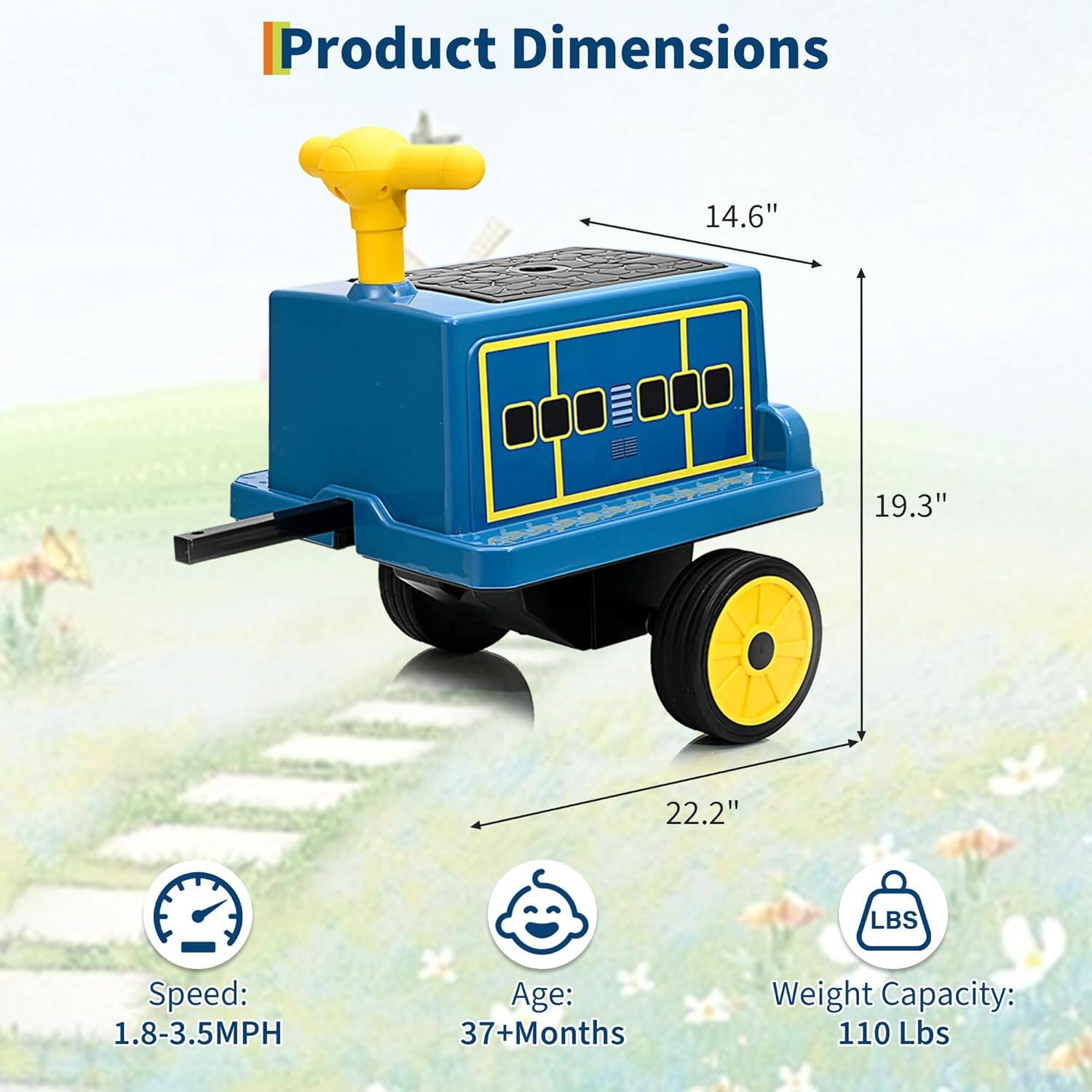 Product Dimensions:  
- Length: 22.2"  
- Width: 19.3"  
- Height: 14.6"  

Speed: 1.8-3.5MPH  

Age: 37+ Months  

Weight Capacity: 110 Lbs