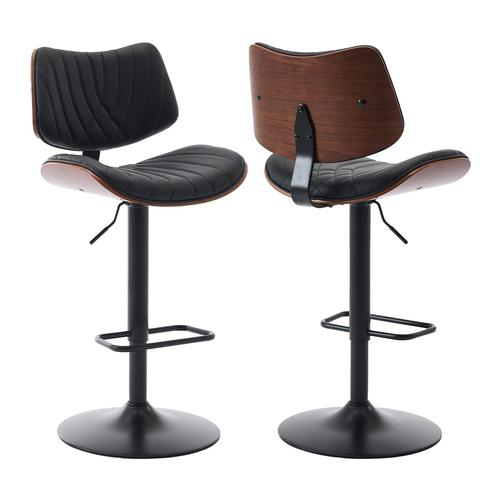 Front. Ecooso - Set of 2 Adjustable Swivel Bar Stools, Walnut Bentwood Frame, Leather Upholstered - Black.