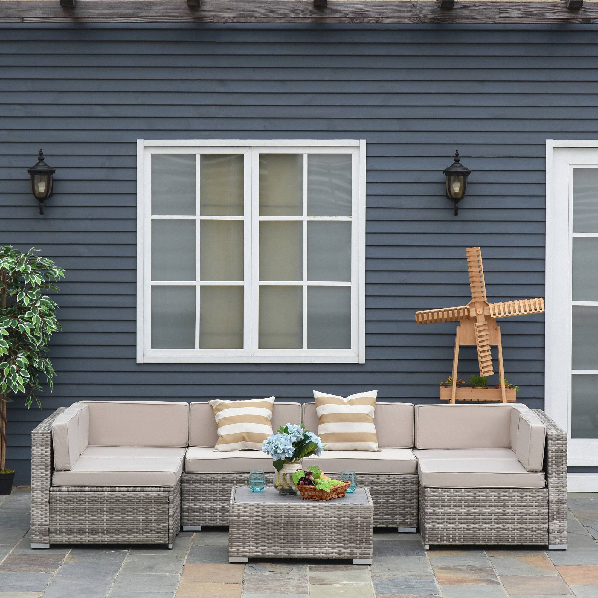 Alt View 1. Outsunny - 7-Piece Patio Furniture Set, Outdoor Wicker Conversation Set, All Weather PE Rattan Sectional Sofa Set - Beige.