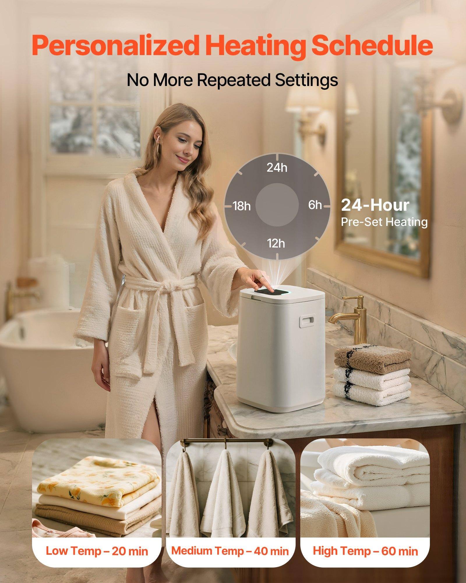 Personalized Heating Schedule  
No More Repeated Settings  

24-Hour Pre-Set Heating  
Low Temp – 20 min  
Medium Temp – 40 min  
High Temp – 60 min