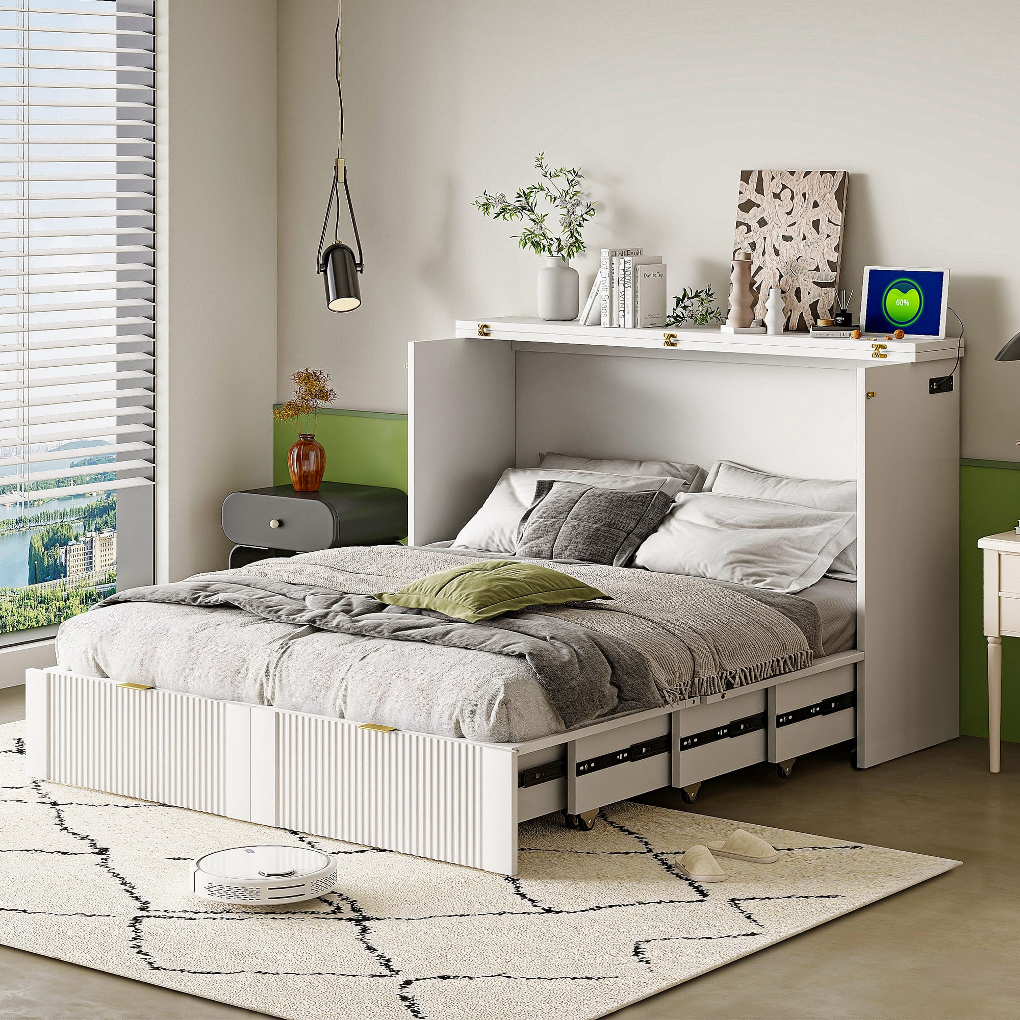 Tiramisubest - Full Size Murphy Bed with Drawer, Sockets, USB, Pulley, White, Plywood, 76x57x42 inches, 208 lbs - White