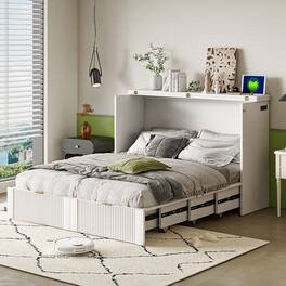 Tiramisubest - Full Size Murphy Bed with Drawer, Sockets, USB, Pulley, White, Plywood, 76x57x42 inches, 208 lbs - White