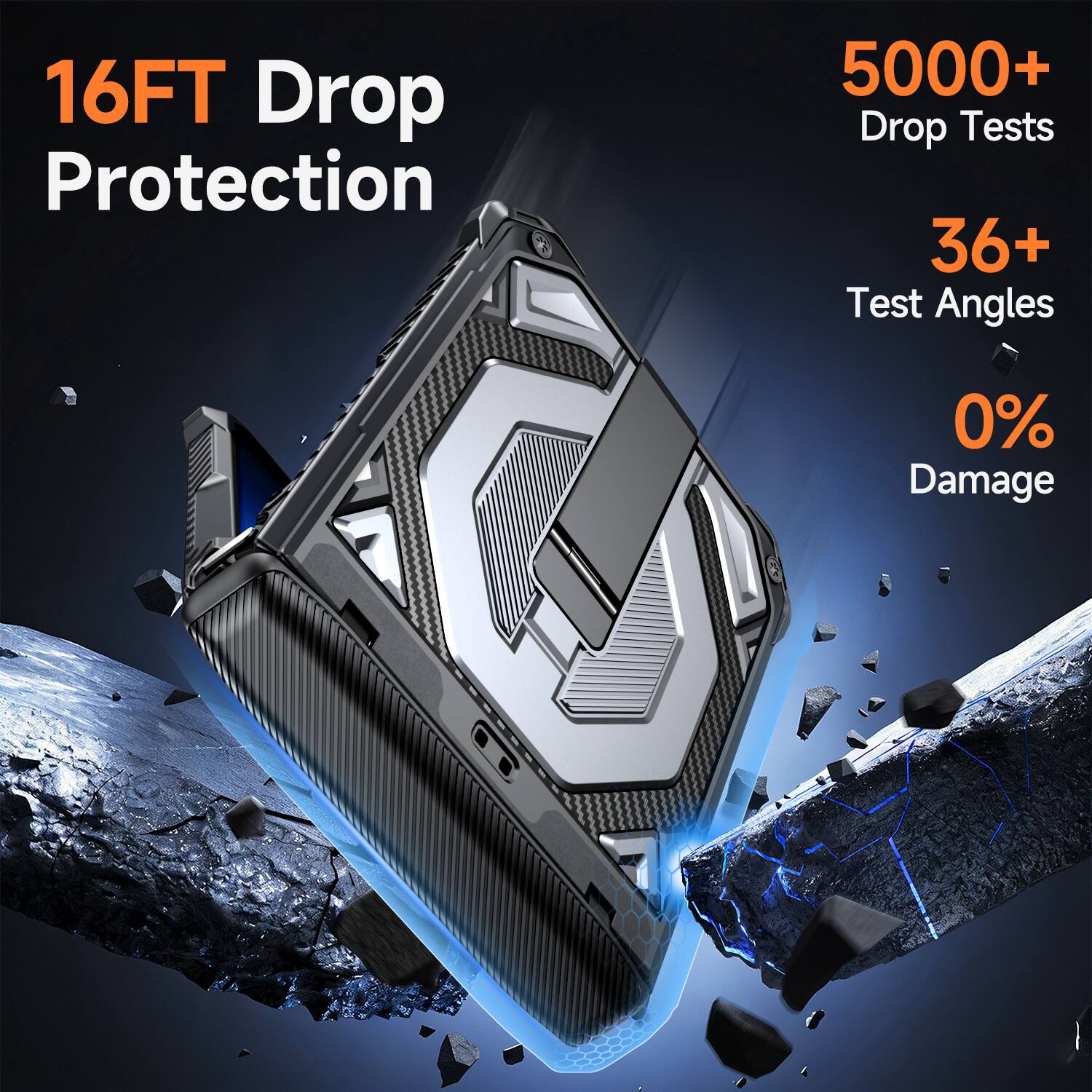 16FT Drop Protection  
5000+ Drop Tests  
36+ Test Angles  
0% Damage