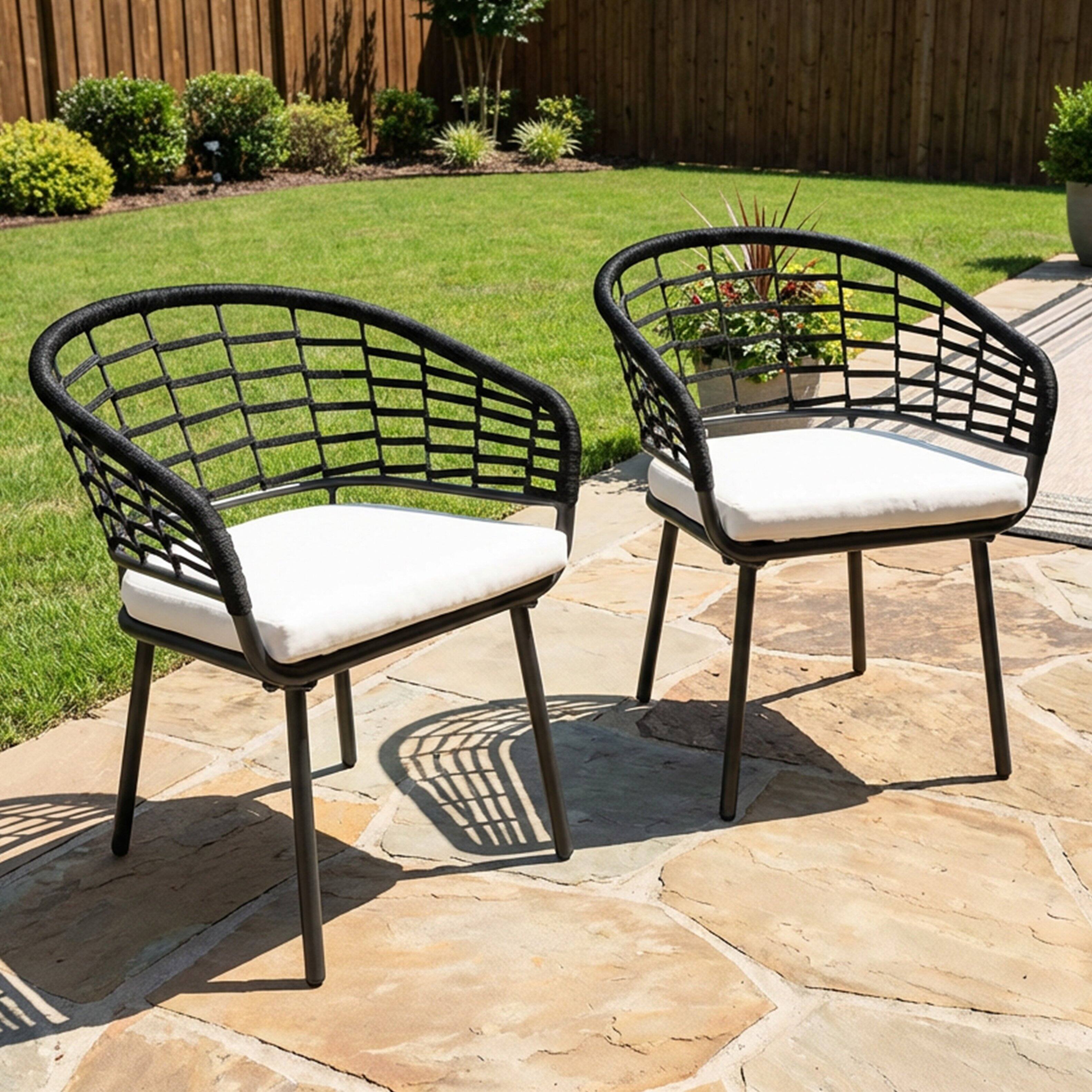 Left. Nuu Garden - Outdoor Patio Woven Rope Metal Chairs with 2.4" Thick Cushions - Black and Beige.