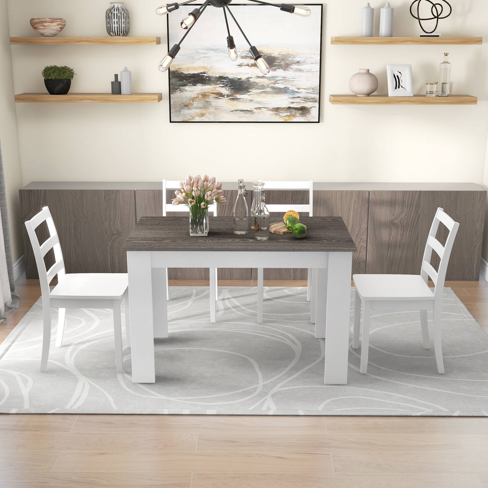Alt View 4. Costway - Costway 5 PCS Dining Set Modern Rectangle Table & 4 Rubber Wood Chairs Kitchen Breakfast - White,Brown.