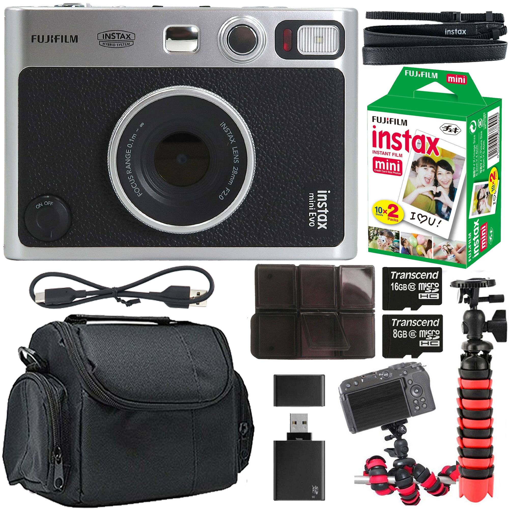 FUJIFILM INSTAX MINI 1L  
INSTAX LENS 28mm F2.0  
FOCUS RANGE 0.8m - ∞  
INSTAX HYBRID SYSTEM  
mini Evo  

FUJIFILM INSTAX MINI  
INSTANT FILM  
10x2  
I ❤️ YOU!  

Transcend 16GB microSDHC  
Transcend 8GB microSDHC  

USB Cable  
Portable Power Bank  
MicroSD Card Reader  
Compact Camera  
Mini Tripod  

instax mini  
FUJIFILM mini