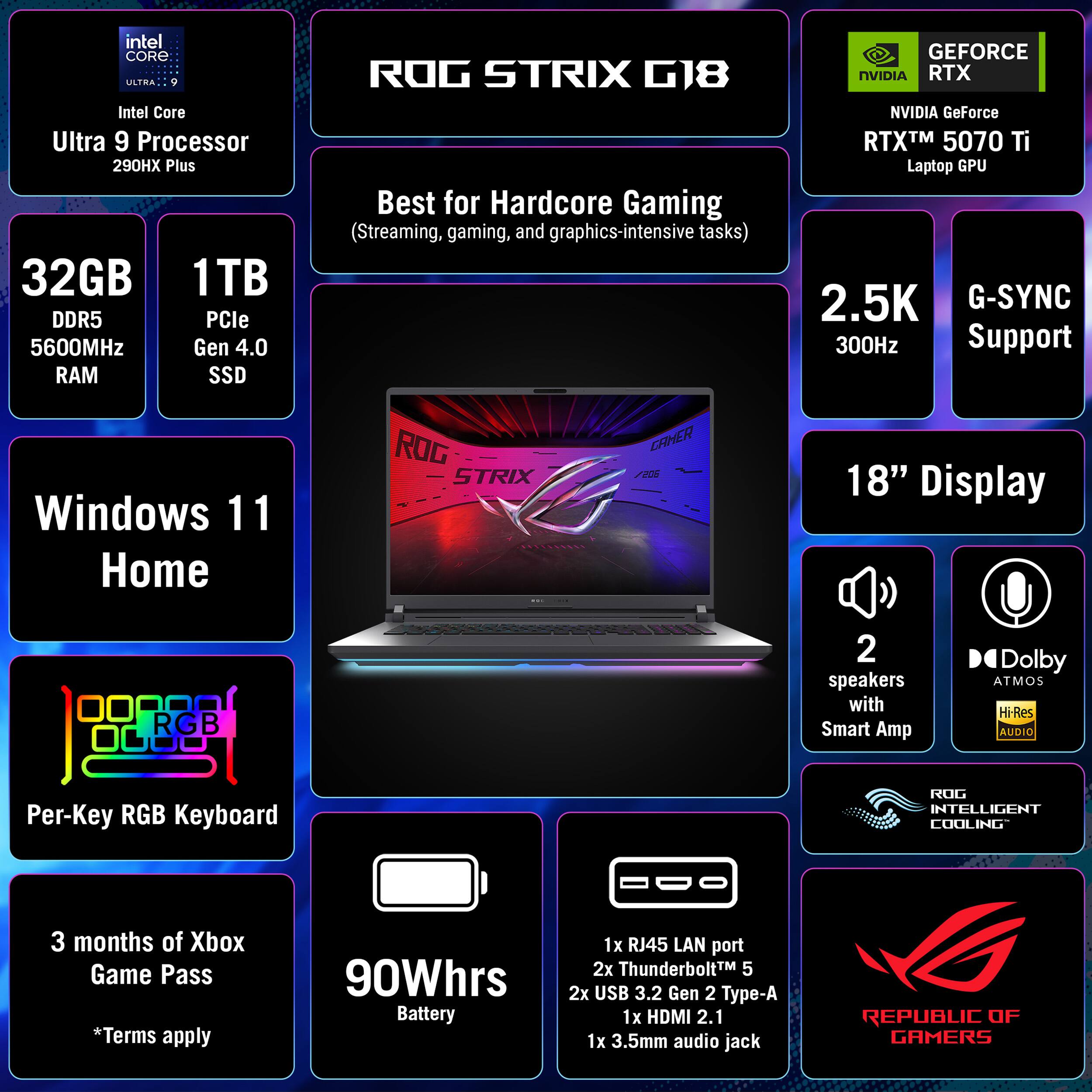 Intel Core Ultra 9 Processor 290HX Plus  
32GB DDR5 5600MHz RAM  
1TB PCIe Gen 4.0 SSD  
Windows 11 Home  
NVIDIA GeForce RTX 5070 Ti Laptop GPU  
2.5K 300Hz G-SYNC Support  
18" Display  
Per-Key RGB Keyboard  
2 Speakers with Smart Amp Dolby Atmos HiRes Audio  
ROG Intelligent Cooling  
90Whrs Battery  
1x RJ45 LAN port  
2x Thunderbolt 5  
2x USB 3.2 Gen 2 Type-A  
1x HDMI 2.1  
1x 3.5mm audio jack  
3 months of Xbox Game Pass *Terms apply