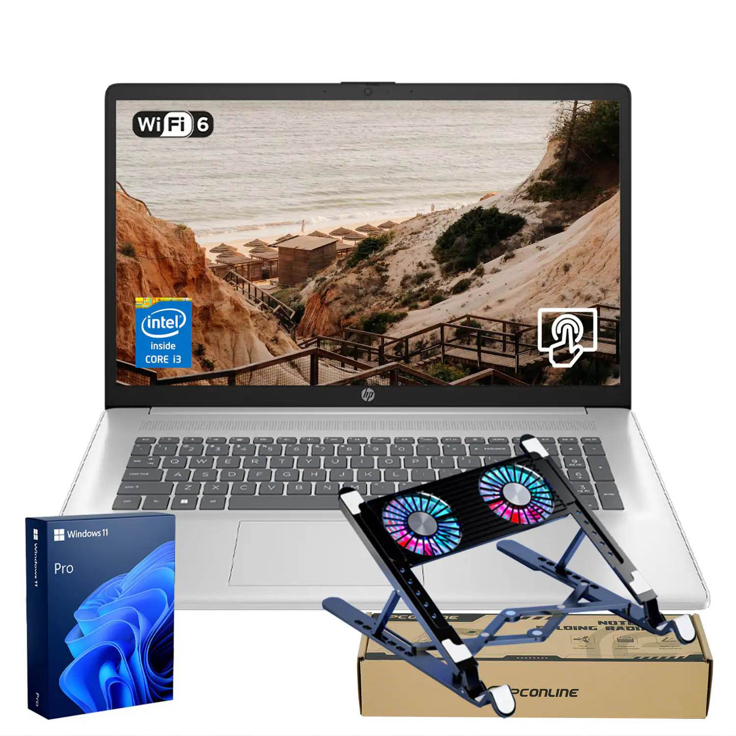 HP - 17.3" Touchscreen Laptop - Intel Core i3-N305 with 16GB RAM - 128GB eMMC + 512GB SSD - Numeric KP - PCO Laptop Cooler - Silver