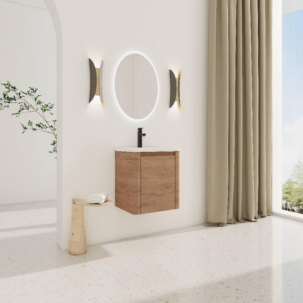 Back. Loheer - Loheer 24 inch wall mounted bathroom vanity with white ceramic sink and soft close door - Imitative Oak.