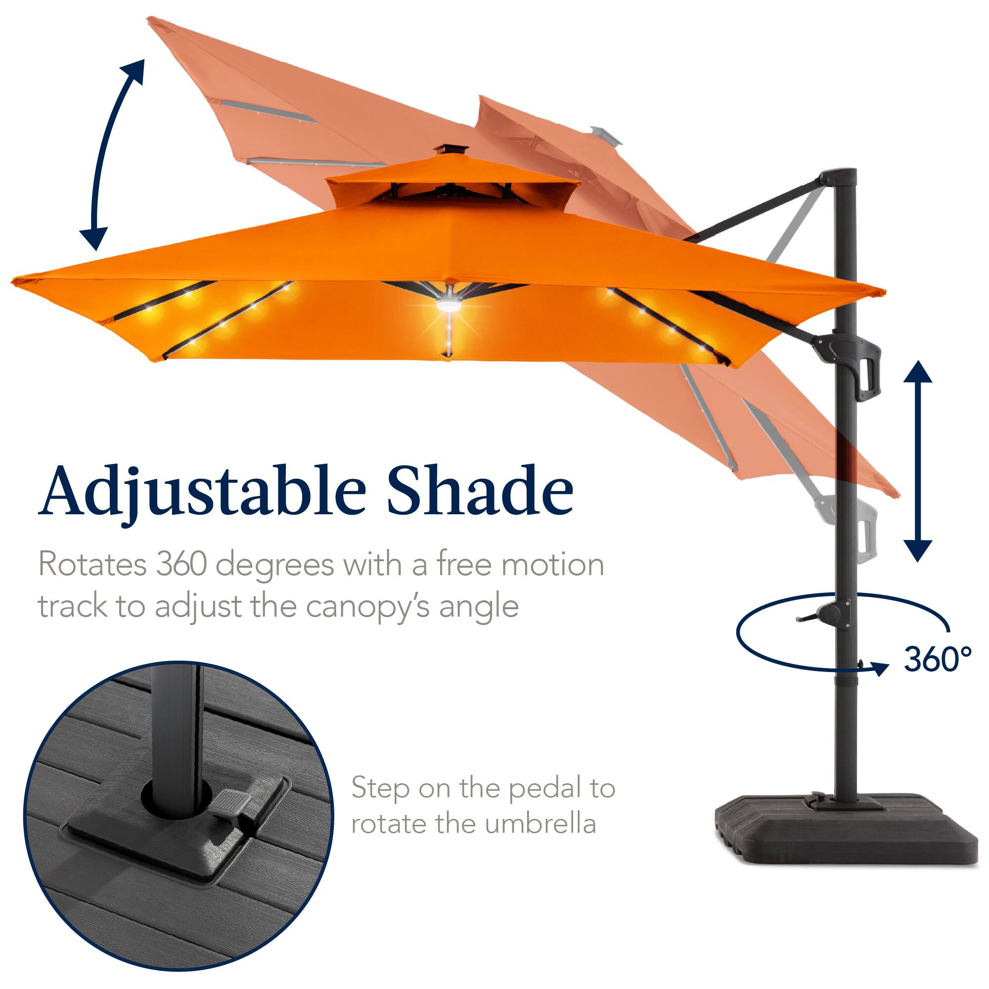Adjustable Shade  
Rotates 360 degrees with a free motion track to adjust the canopy's angle  
Step on the pedal to rotate the umbrella