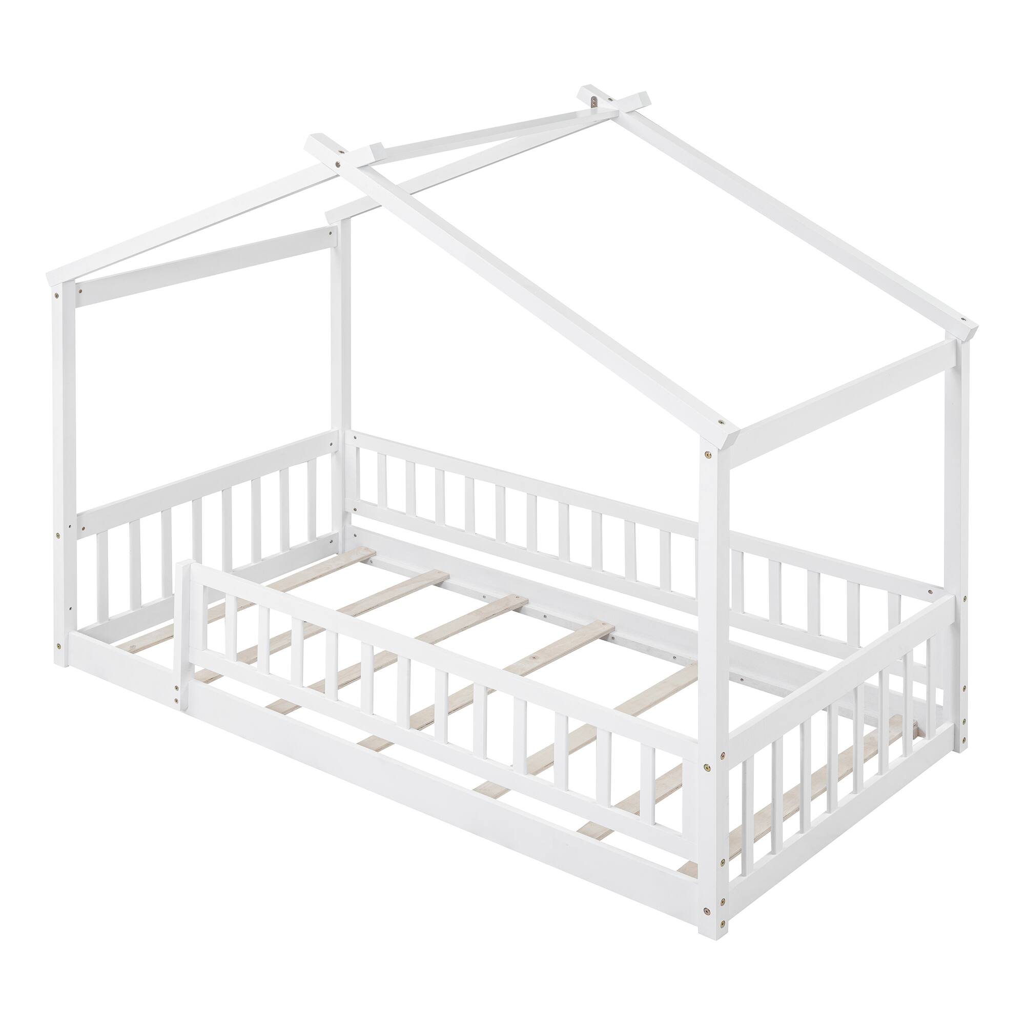 Angle. Whisen - Twin Size Wood House Bed Frame with Fence for Kids and Teens - White.