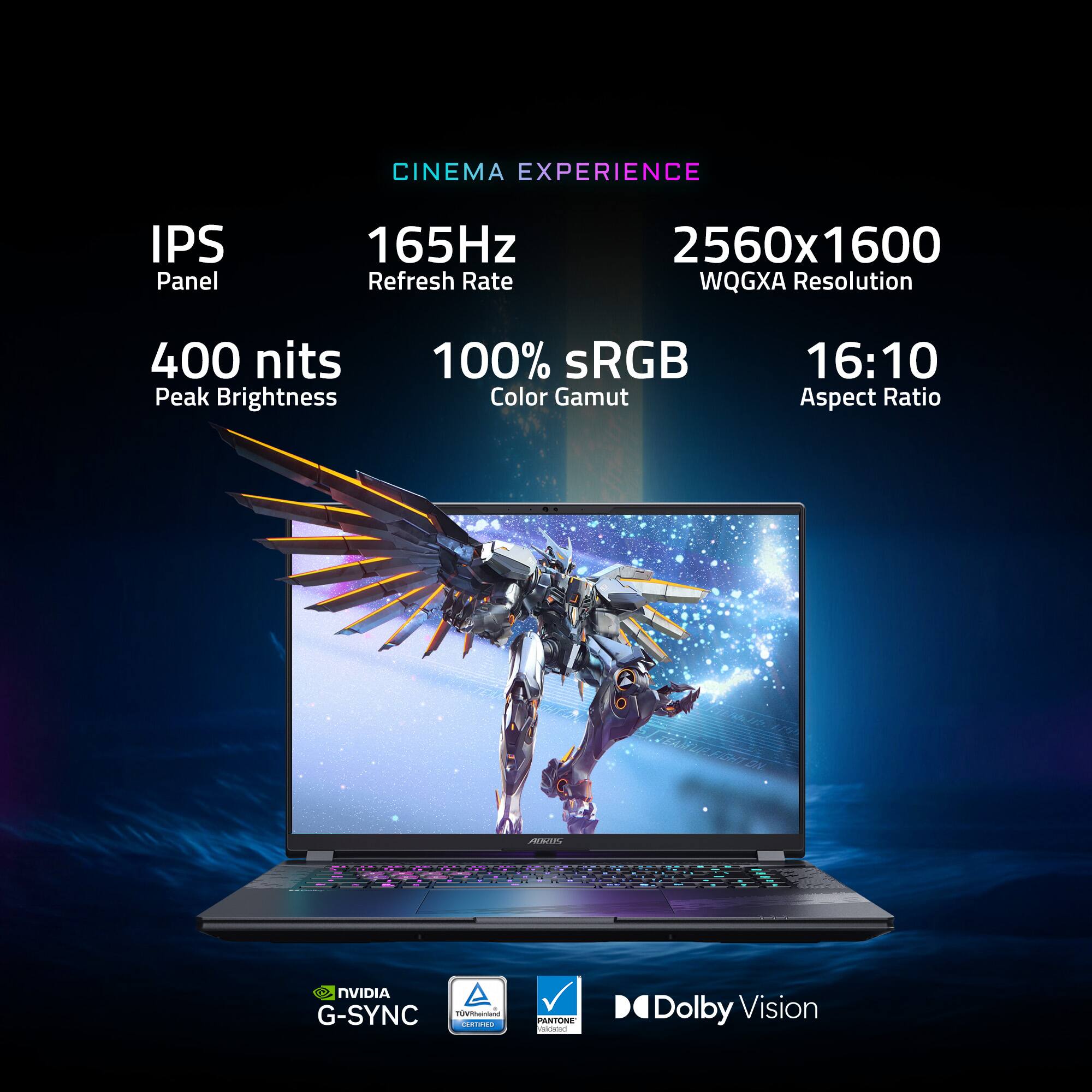 CINEMA EXPERIENCE IPS Panel 165Hz Refresh Rate 2560x1600 WQGXA Resolution 400 nits Peak Brightness 100% sRGB Color Gamut 16:10 Aspect Ratio P NVIDIA G-SYNC nhgt POAdE PANTONE | Dolby Vision
