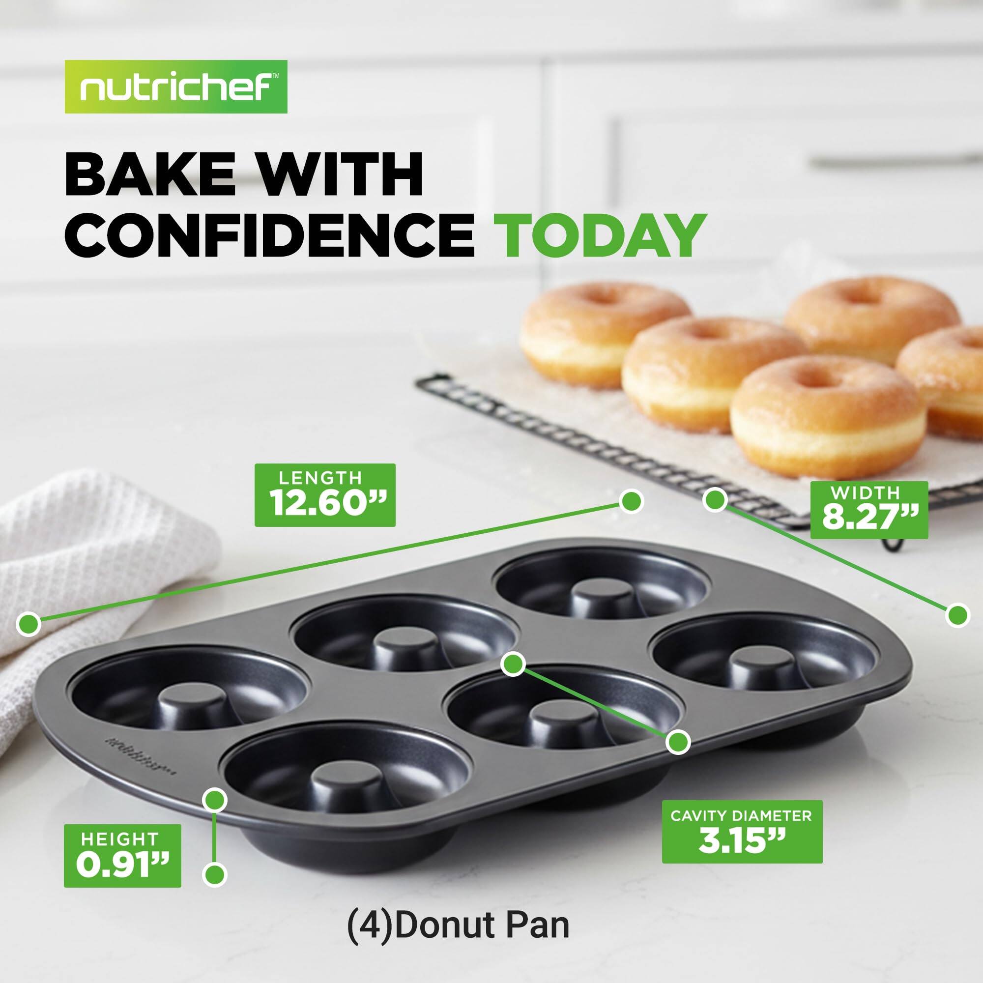 nutrichef  
BAKE WITH CONFIDENCE TODAY  

LENGTH 12.60"  
WIDTH 8.27"  
HEIGHT 0.91"  
CAVITY DIAMETER 3.15"  

(4) Donut Pan