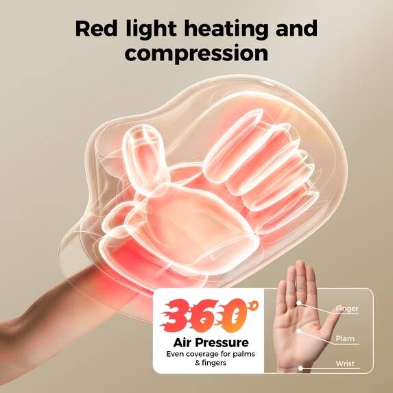 Red light heating and compression

360° Air Pressure
Even coverage for palms & fingers

Finger
Palm
Wrist