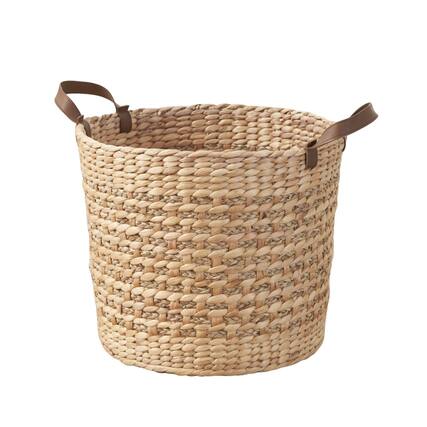 Front. Boyel Living - Brown Round Water Hyacinth Woven Multi-Use Storage Basket 15.7-in L x 15.7-in W x 15.7-in H with Faux Leather Handles - Brown.