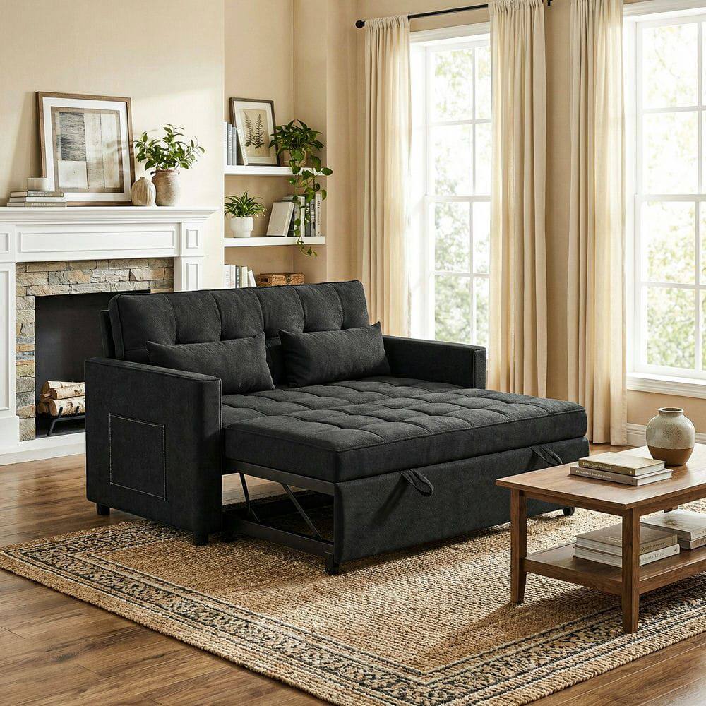 Back. Kadyn - 3-in-1 Convertible Sofa Bed, 5-Level Adjustable Backrest Transforms from Loveseat to Chaise & Full Bed - Black.
