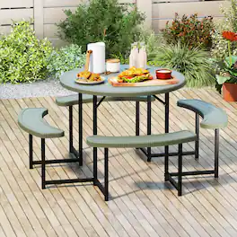 Costway - Round Picnic Table Bench Set with 4 Benches Umbrella Hole All Weather Tabletop - Green