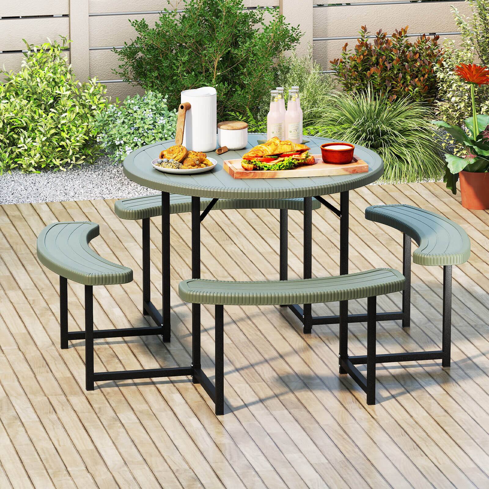 Alt View 1. Costway - Costway Round Picnic Table Bench Set with 4 Benches Umbrella Hole All Weather Tabletop - Green.