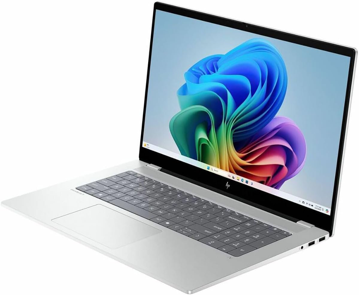 Angle. HP - OmniBook X 17.3" Full HD Touch Laptop Intel Core Ultra 7- NVIDIA GeForce RTX 4050 -16GB Memory - 1TB SSD-Windows 11 Home - Silver.