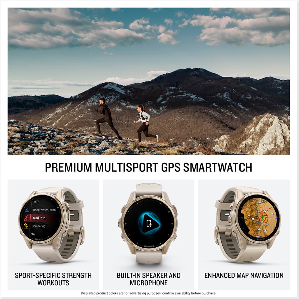 Premium Multisport GPS Smartwatch: MTB, Open Water Swim, Trail Run, Bouldering, Ski. Sport-specific strength workouts. Built-in speaker and microphone. Enhanced map navigation. Displayed product colors are for advertising purposes; confirm availability before purchase.