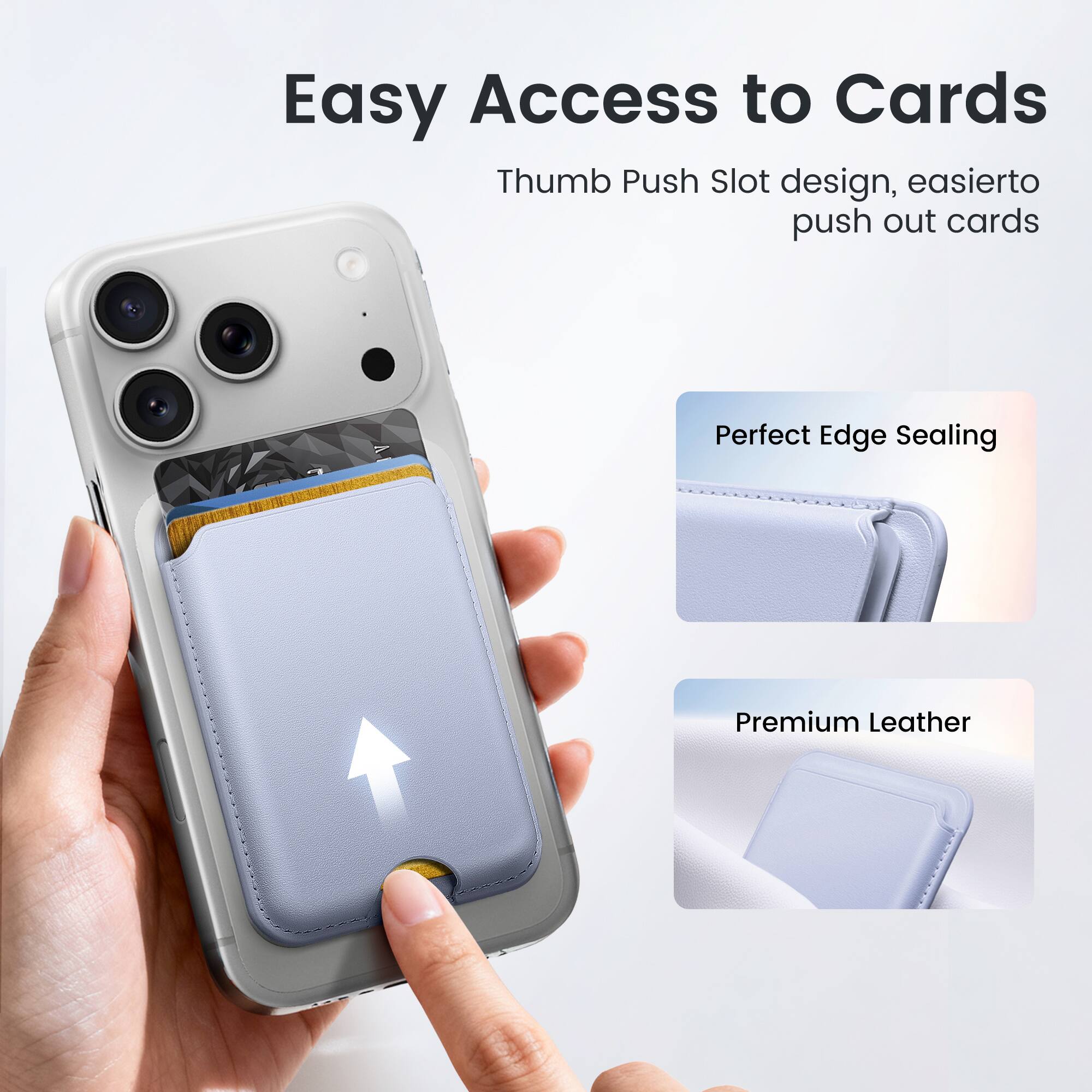Easy Access to Cards  
Thumb Push Slot design, easier to push out cards  

Perfect Edge Sealing  

Premium Leather