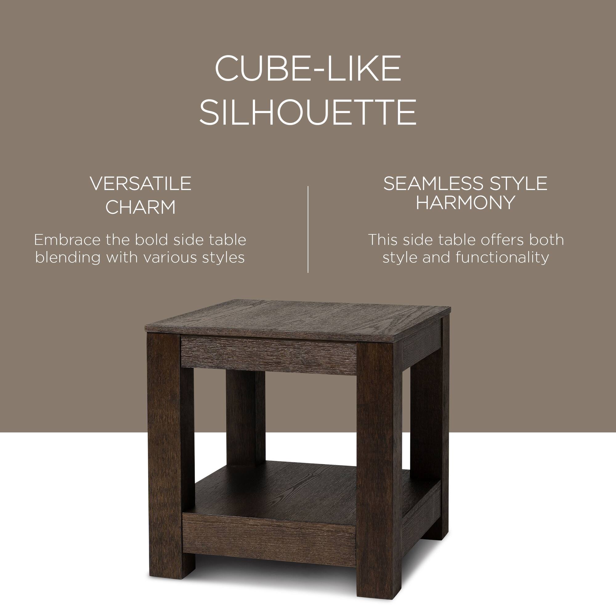 CUBE-LIKE SILHOUETTE

VERSATILE CHARM  
Embrace the bold side table blending with various styles

SEAMLESS STYLE HARMONY  
This side table offers both style and functionality