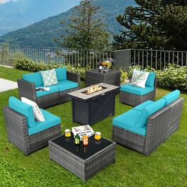 Gymax - 9 PCS Patio Rattan Furniture Set Fire Pit Table Storage Black W/ Cover - Turquoise