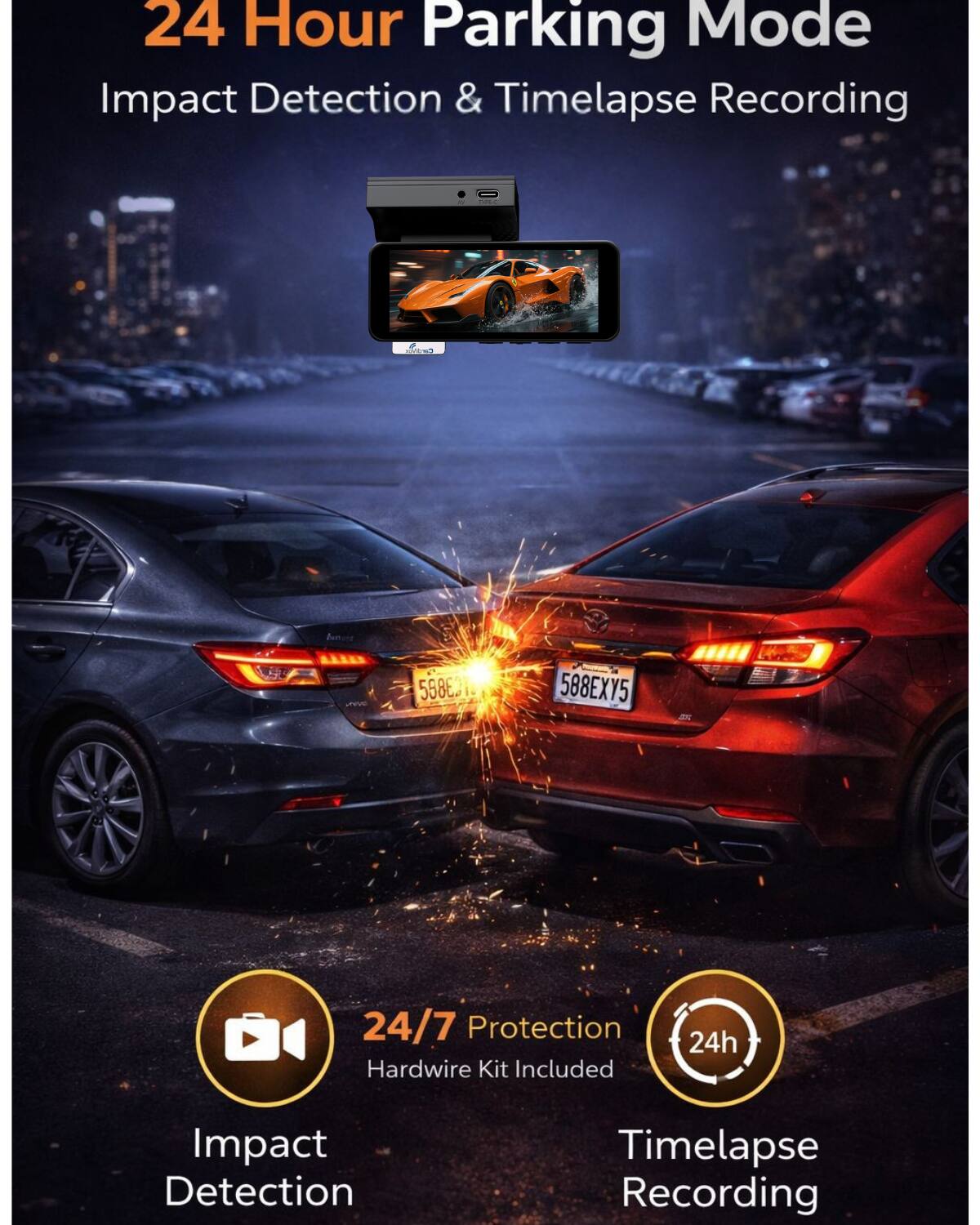 24 Hour Parking Mode  
Impact Detection & Timelapse Recording  

24/7 Protection  
Hardwire Kit Included  

Impact Detection  
Timelapse Recording