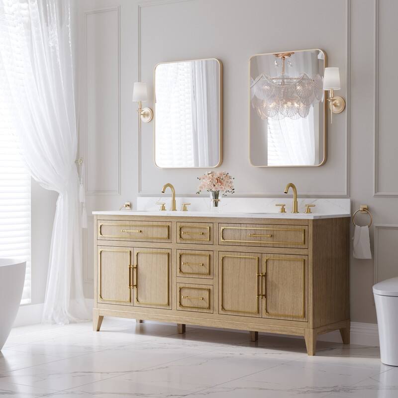Left. WELLFOR - 72 in Luxury Solid Oak Bathroom Vanity with Double Sink, Bathroom Cabinet with 3 Soft-Close Drawers and 2 Flip Drawers - Oak.