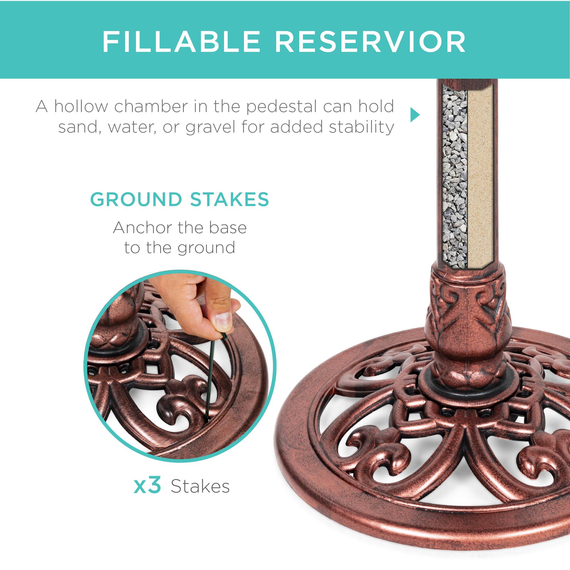 FILLABLE RESERVIOR  
A hollow chamber in the pedestal can hold sand, water, or gravel for added stability  

GROUND STAKES  
Anchor the base to the ground  

x3 Stakes